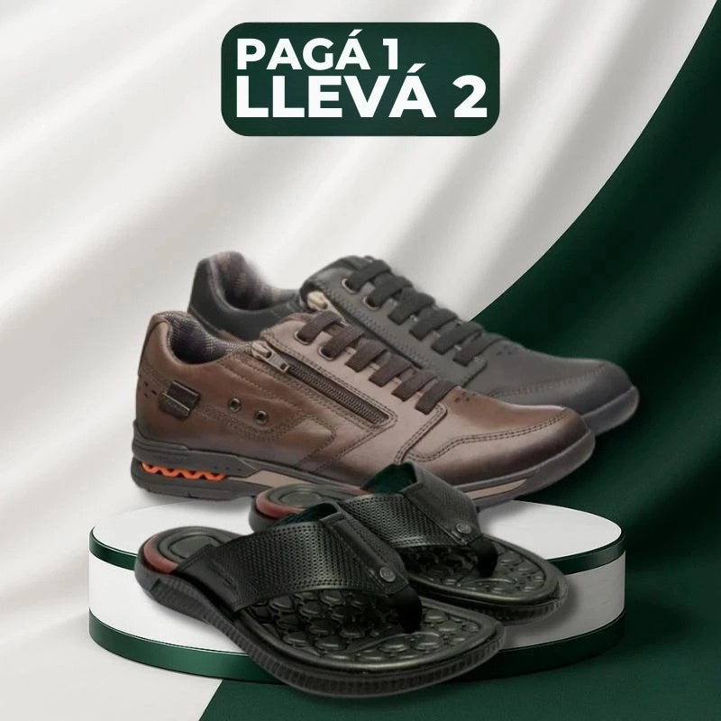 [¡PAGÁ 1, LLEVÁ 2!] Kit de Zapatillas Urbanas Ortopédicas de Hombre en Cuero Genuino + REGALO: Sandalia Masajeadora